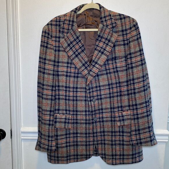 Vintage Academia Jack Lang PBM Mens Blazer 100% Wool Plaid Check Sport Coat 42L - Picture 1 of 9